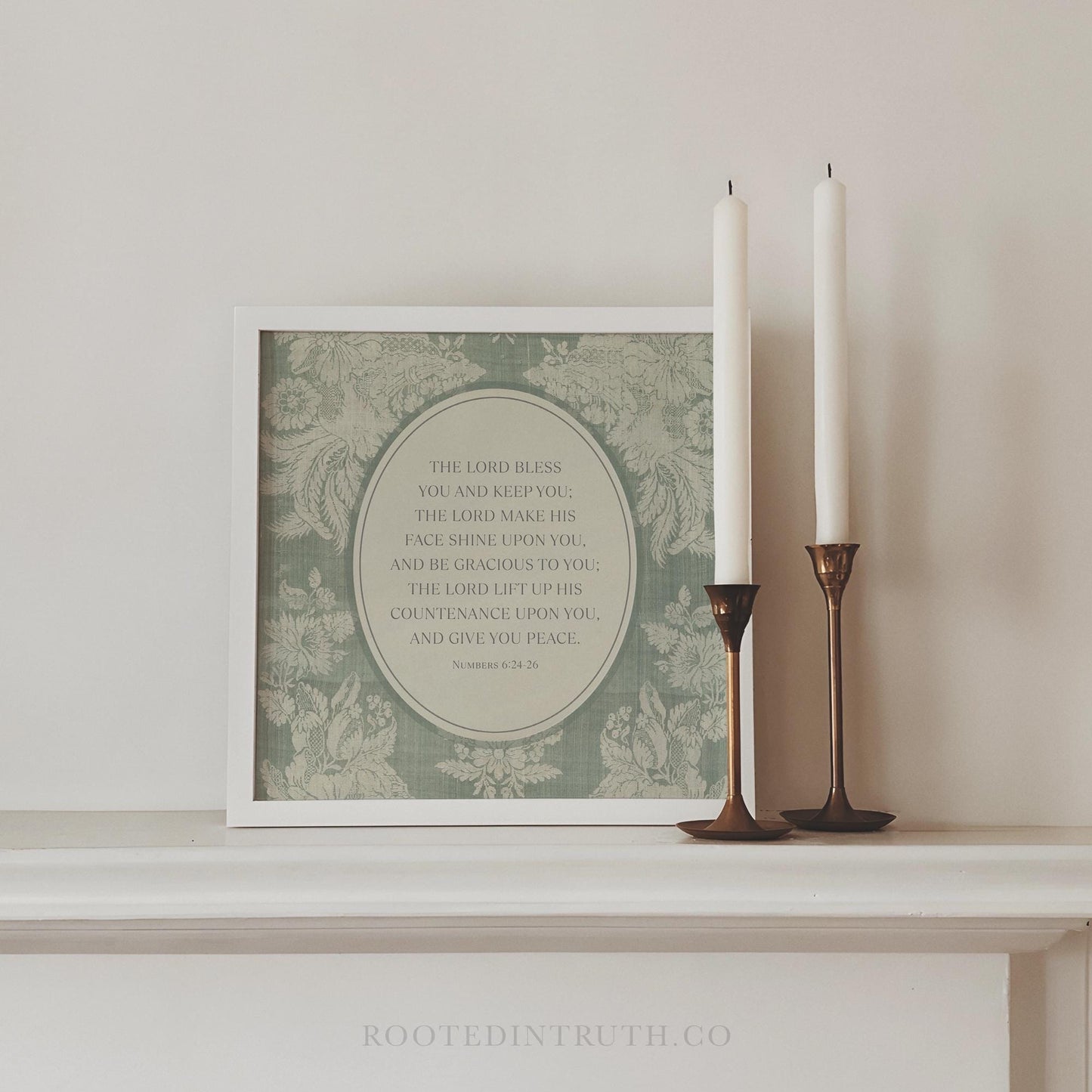 Christian scripture artwork in a square frame. Elegant and minimal with vintage textile and the bible verse Bless you and keep you.