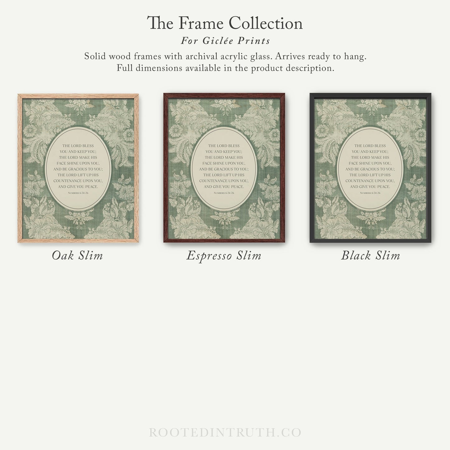 The image is a collection of three framed prints, each with a different color and design, arranged in a row. The text describes the frames and their features, such as being solid wood frames with archival acrylic glass that arrive ready to hang and having full dimensions available in the product description.