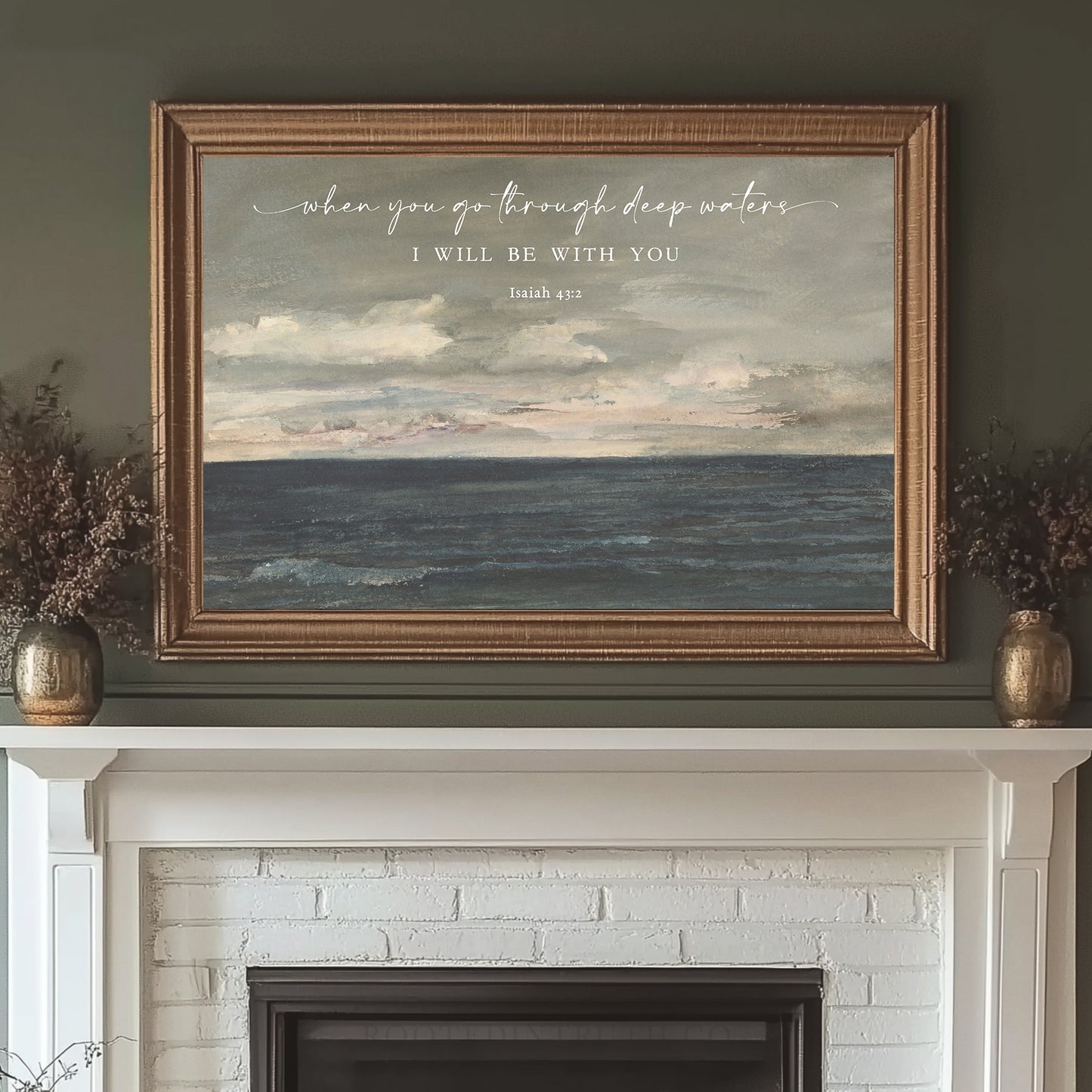 a fireplace with a painting on the mantle