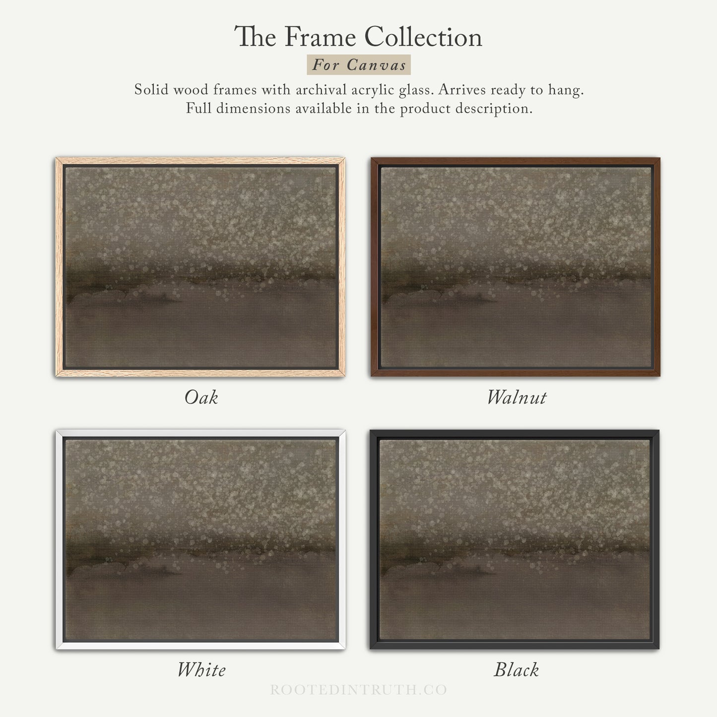 The image is a collage of four different framed artworks, each with a distinct color and frame style. The artworks are titled "The Frame Collection for Canvas" and are described as solid wood frames with archival acrylic glass, arriving ready to hang. The artworks are organized in a way that allows for easy comparison and contrast, with each frame showcasing a different color and frame style.