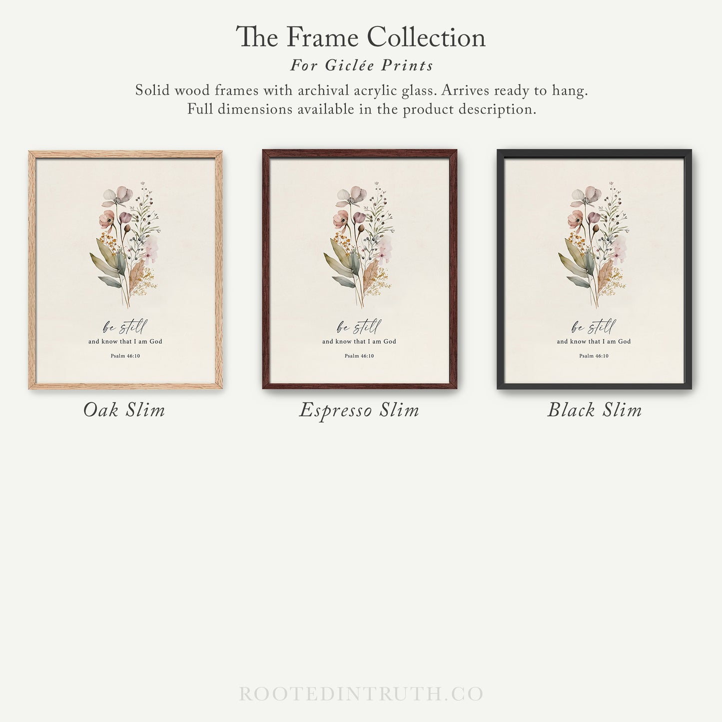 The image is a collection of three framed prints, each with a different floral design and color. The text above the prints reads "The Frame Collection For Girlette Prints" and below the prints, it says "Solid wood frames with archival acrylic glass. Arrives ready to hang. Full dimensions available in the product description."