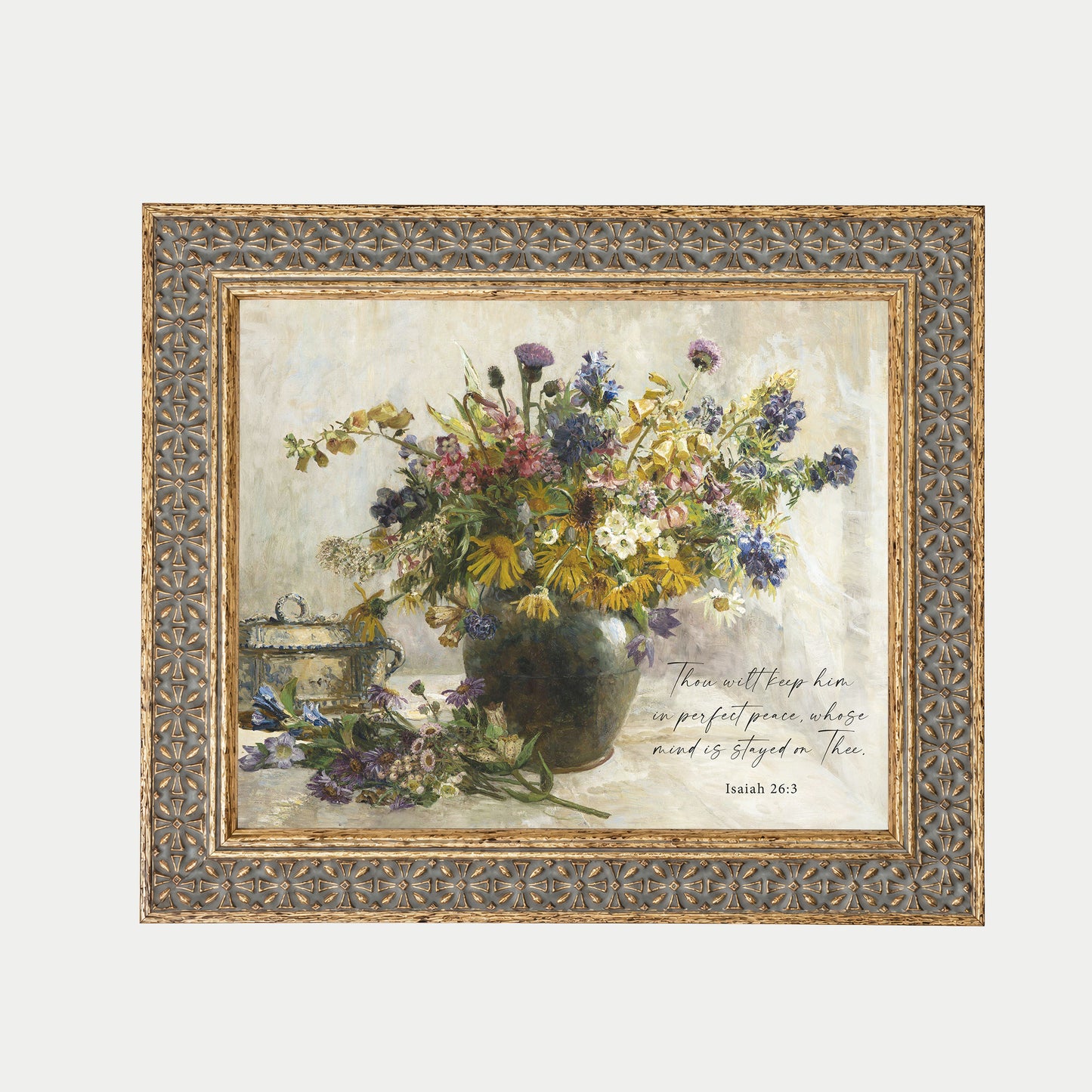 The image is a framed painting depicting a vase filled with a variety of colorful flowers, accompanied by a Bible verse from Isaiah 20:3.