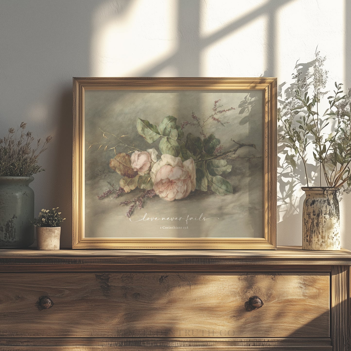 a painting of flowers on a shelf next to a potted plant