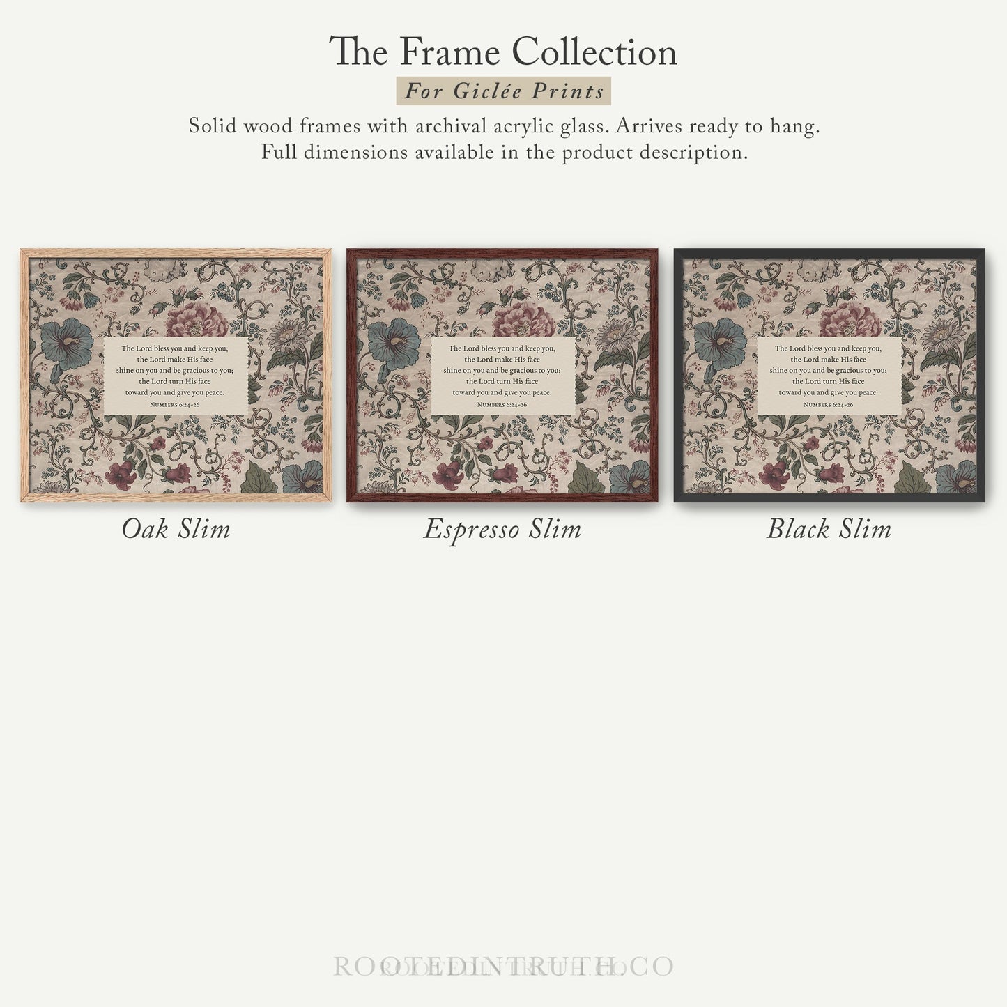 The image is a collection of three framed prints, each with a different color and design, arranged in a row.