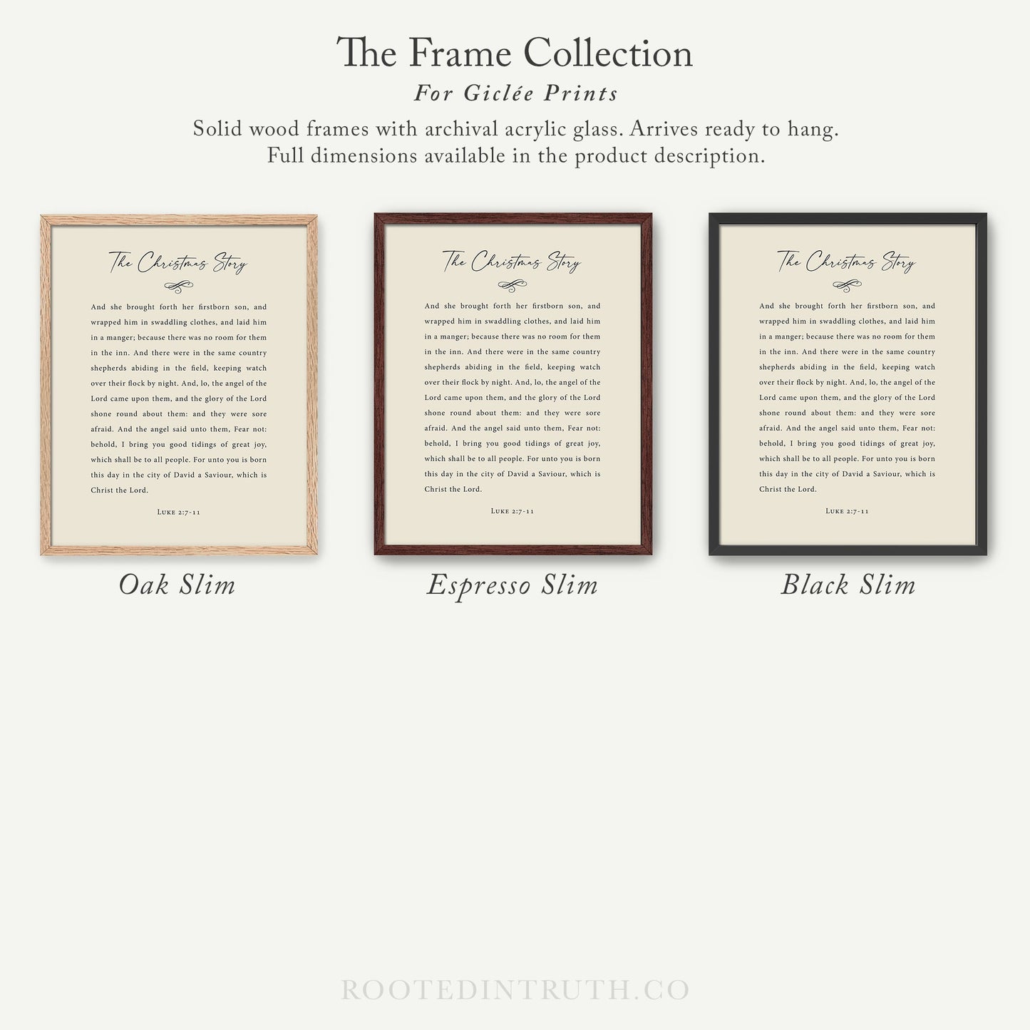 The image is a collection of three framed prints, each with a different color and size, arranged in a row. The text on the prints is a religious story, and the image description should avoid redundancy and focus on the content of the prints.