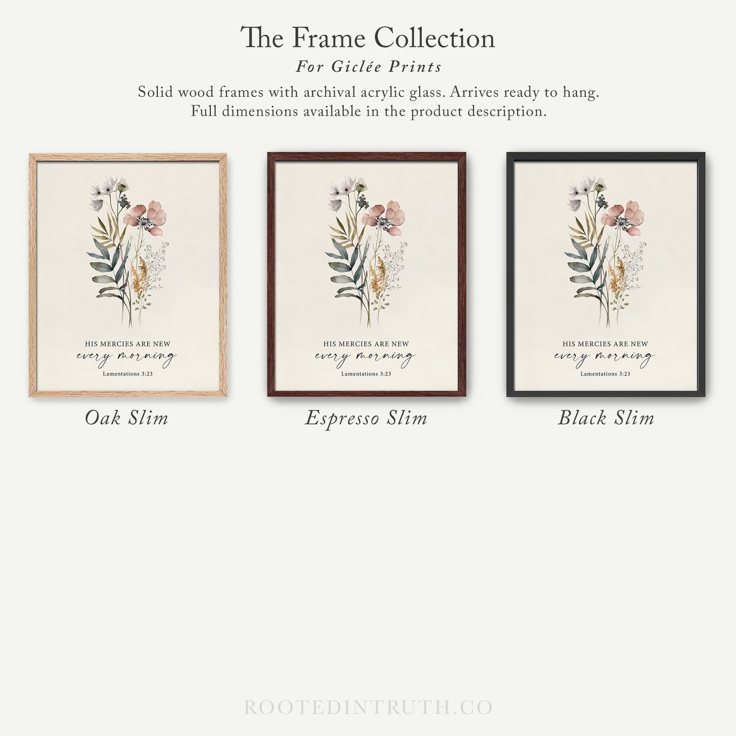 The image is a collection of three framed prints, each with a different floral design and color scheme. The text above the prints reads "The Frame Collection For Girlette Prints".