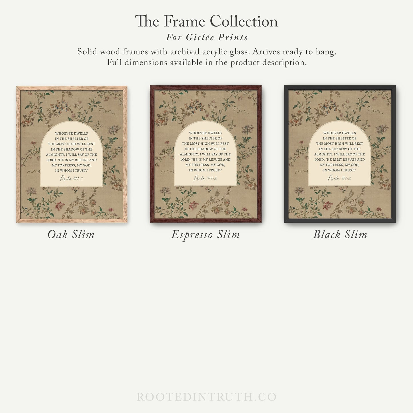 The image is a collection of three framed prints, each with a different color and design, arranged in a row.