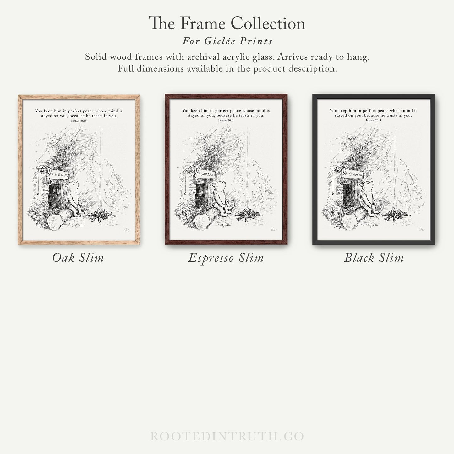 The image is a collection of three framed prints, each with a different wood finish and color, arranged in a row. The text describes the frames and their features, such as the use of archival acrylic glass and the availability of full dimensions in the product description.