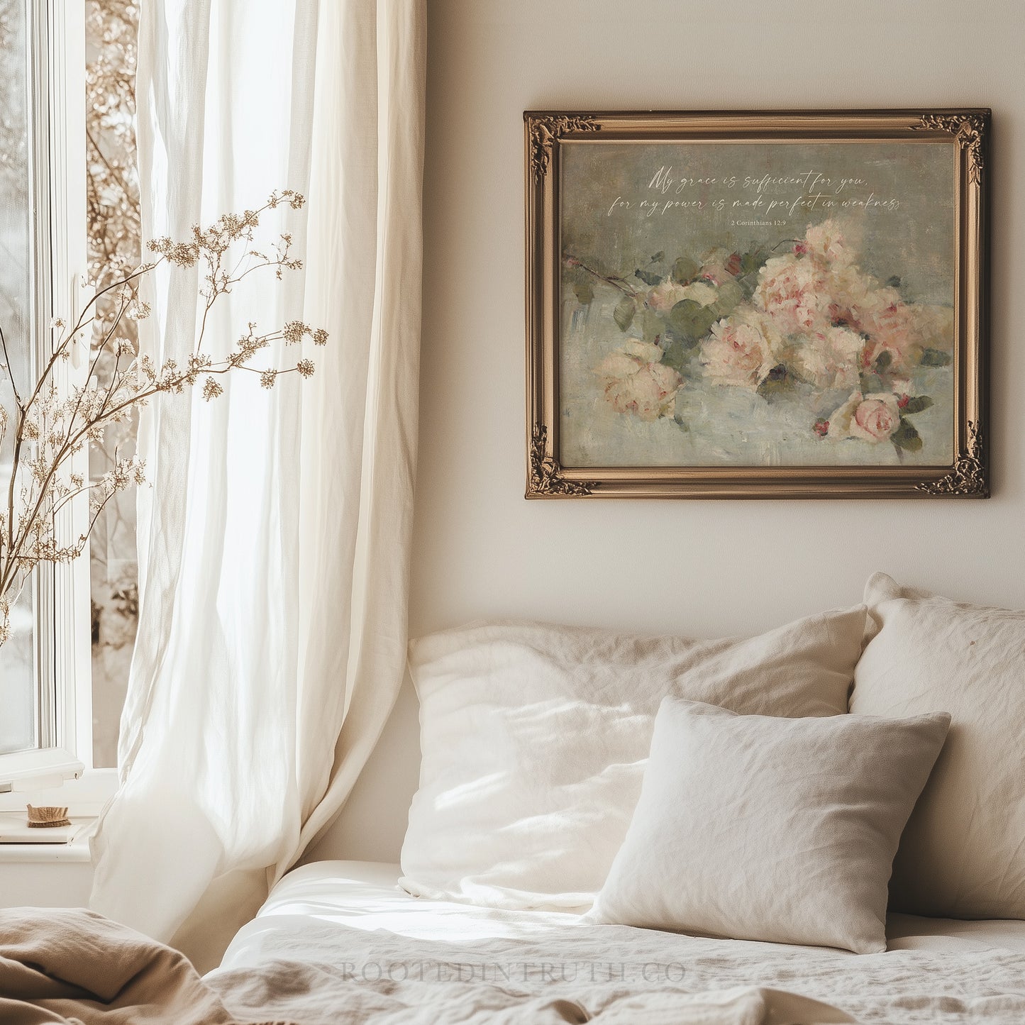 a bed with a white comforter and a painting on the wall
