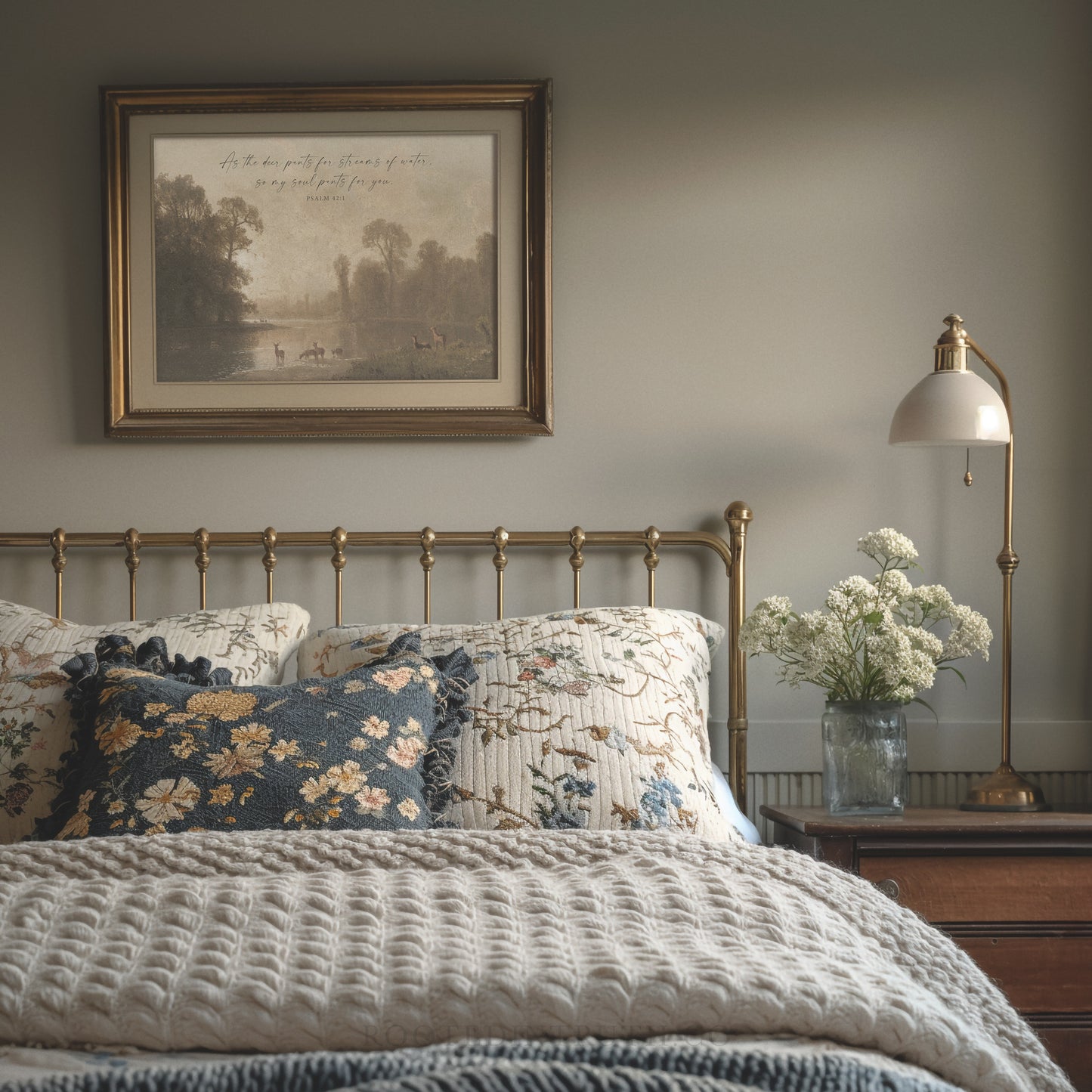 a picture of a bedroom with a bed and a lamp