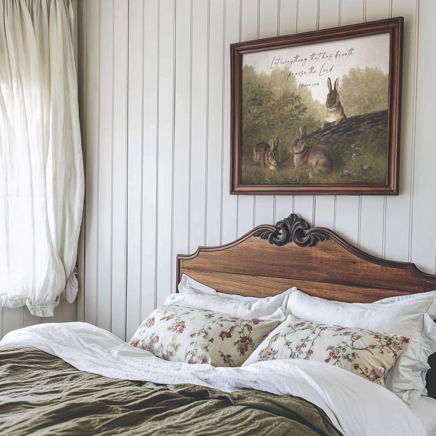 a bed with a wooden head board and a painting on the wall