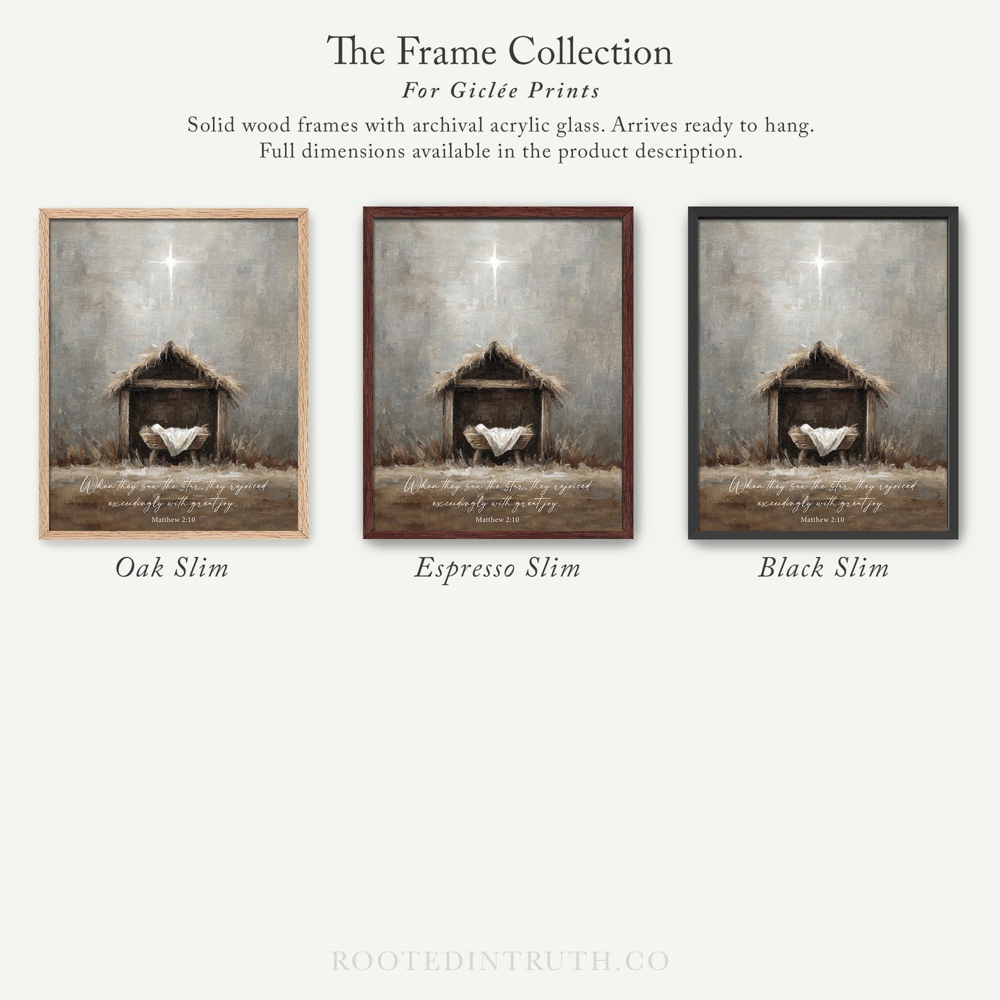 The image is a collection of three framed prints depicting scenes from the nativity story, specifically the birth of Jesus. The frames are solid wood with archival acrylic glass, which allows them to be hung and provides full dimensions in the product description.