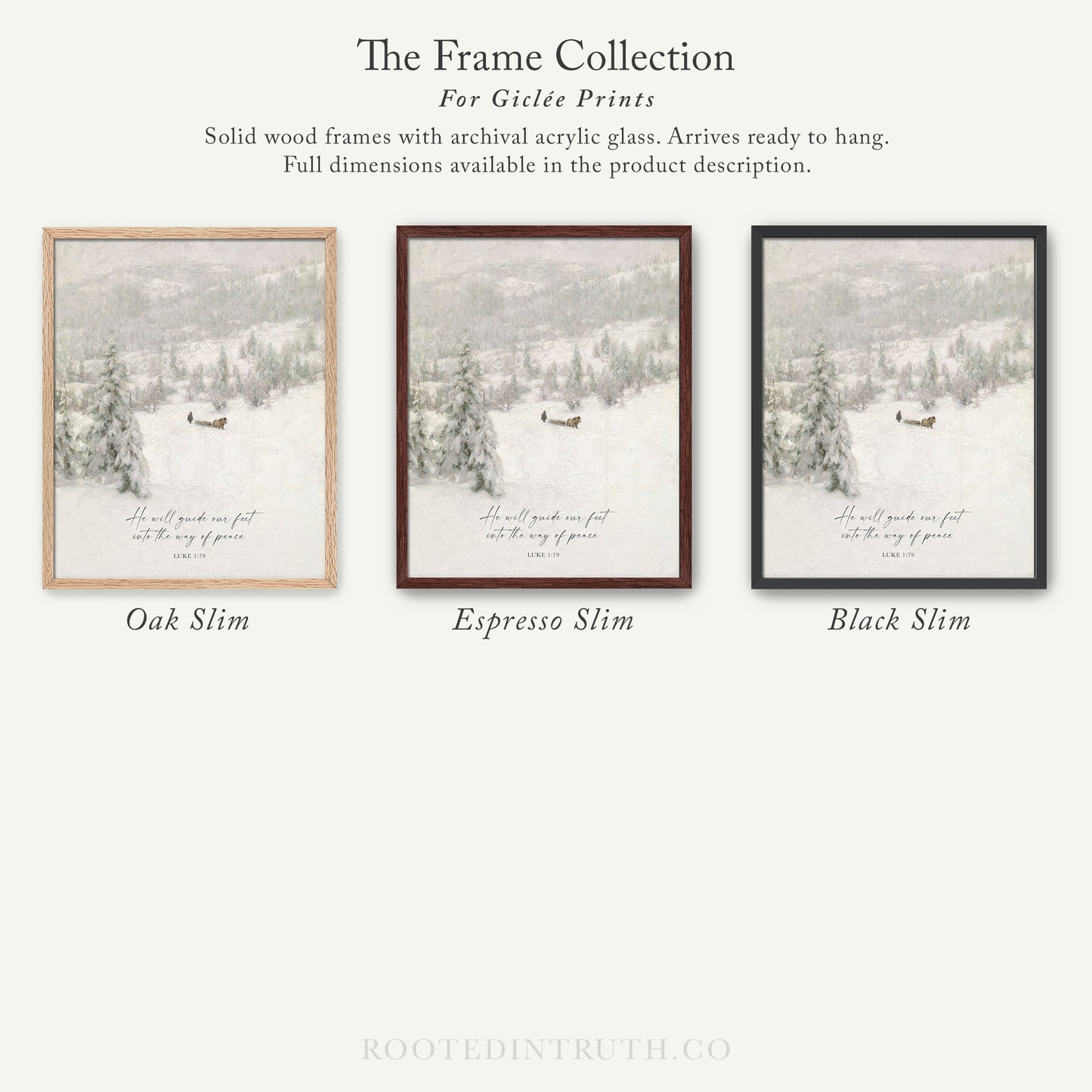 The image is a collection of three framed prints, each depicting a snowy landscape with a person walking through the snow. The frames are made of solid wood and have archival acrylic glass, which allows them to be hung and displayed. The frames come in different sizes and are available in the product description.