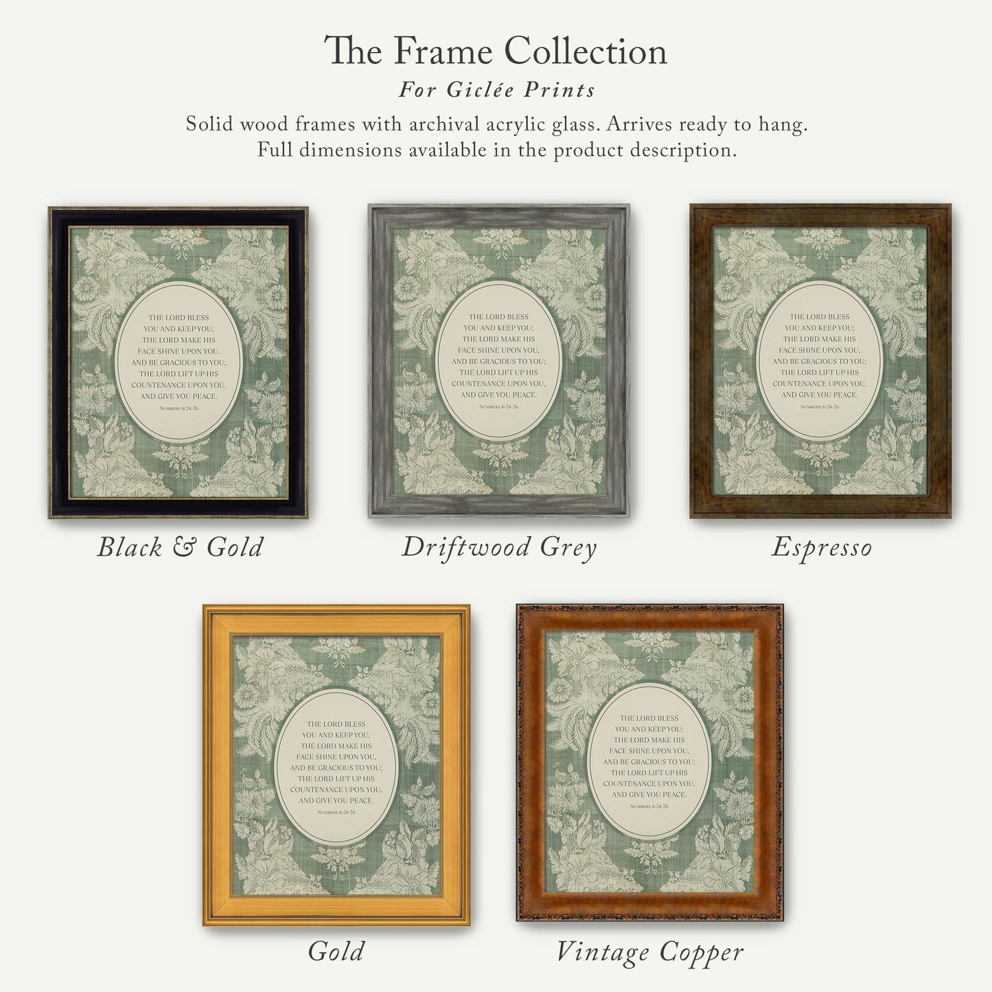 a collection of five framed prints, each with a different color and frame style, arranged in a row. The text above the images reads "The Frame Collection For Girlette Prints".