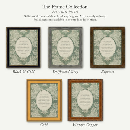 a collection of five framed prints, each with a different color and frame style, arranged in a row. The text above the images reads "The Frame Collection For Girlette Prints".