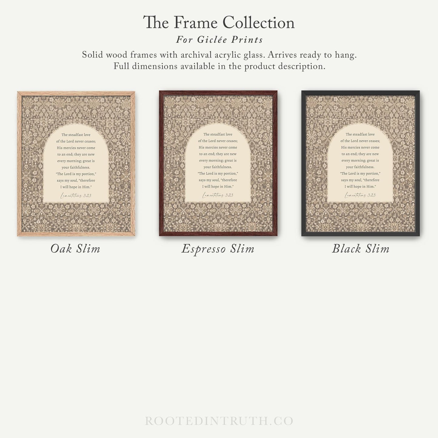 The image is a collection of three framed prints, each with a different color and design, arranged in a row.