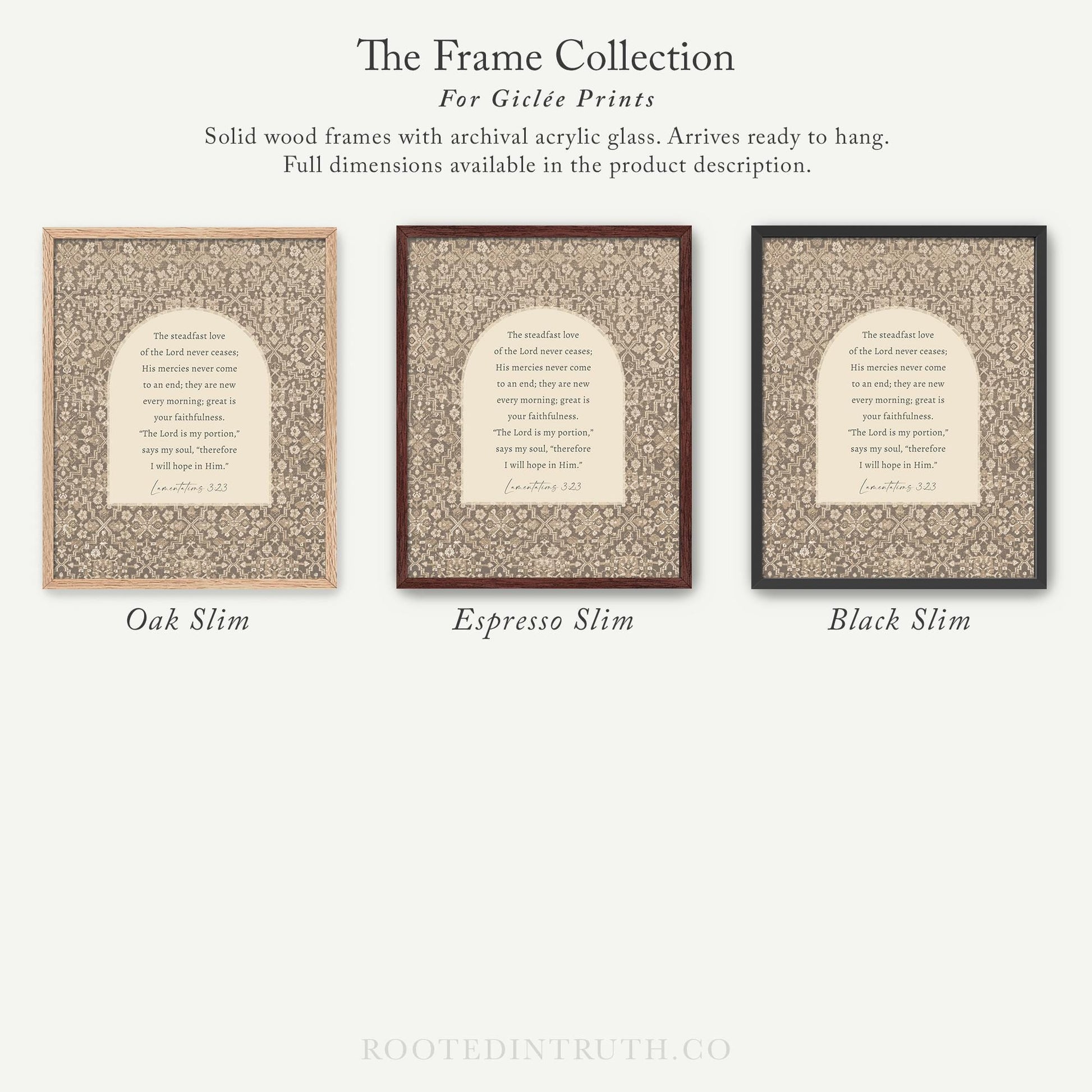 The image is a collection of three framed prints, each with a different color and design, arranged in a row.