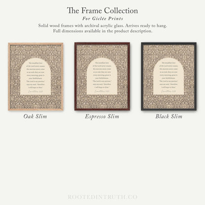 The image is a collection of three framed prints, each with a different color and design, arranged in a row.