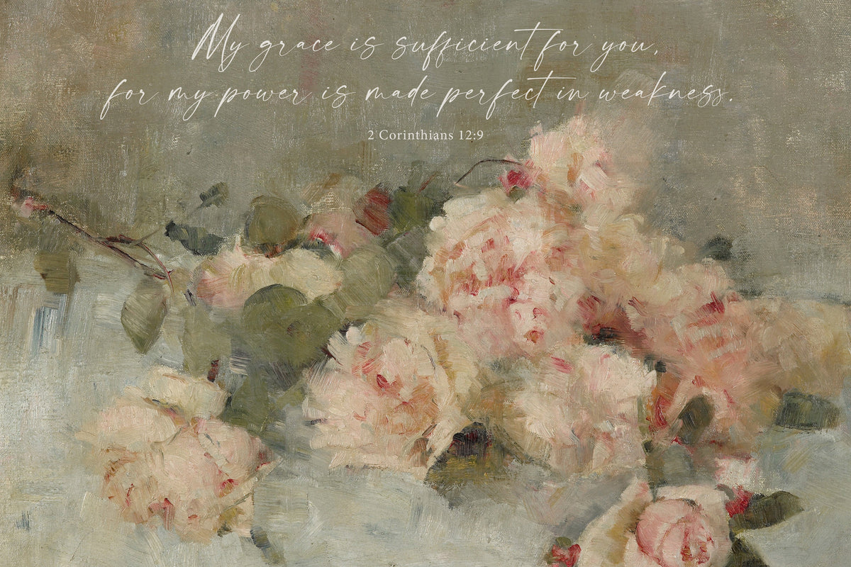 The image is an oil painting depicting a bouquet of pink and white flowers, with a religious text overlay in the background.