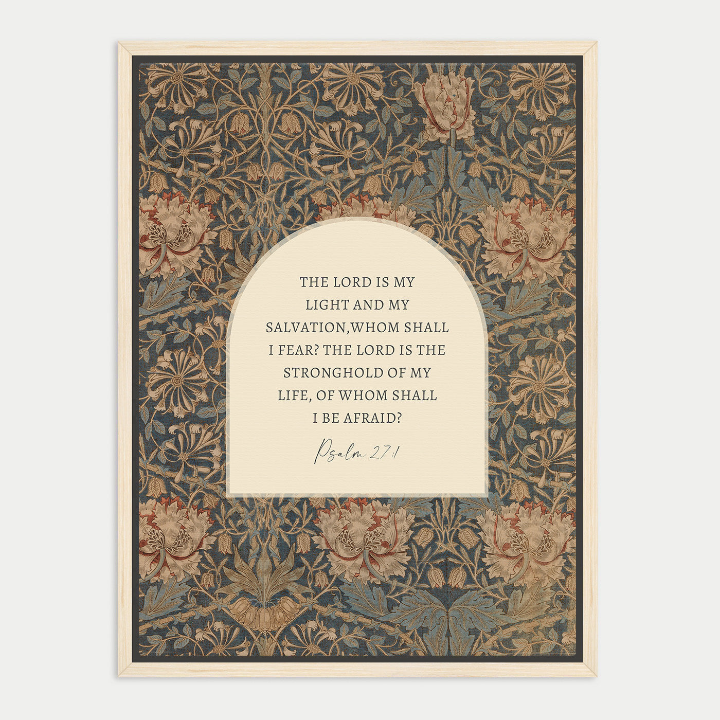 The image is a framed print featuring a floral pattern and a religious quote from the Bible, specifically Psalm 27.