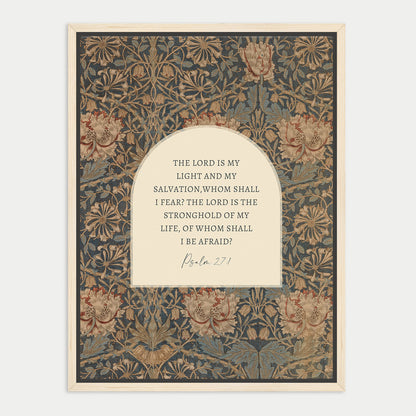 The image is a framed print featuring a floral pattern and a religious quote from the Bible, specifically Psalm 27.