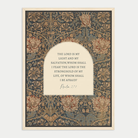 The image is a framed print featuring a floral pattern and a religious quote from the Bible, specifically Psalm 27.