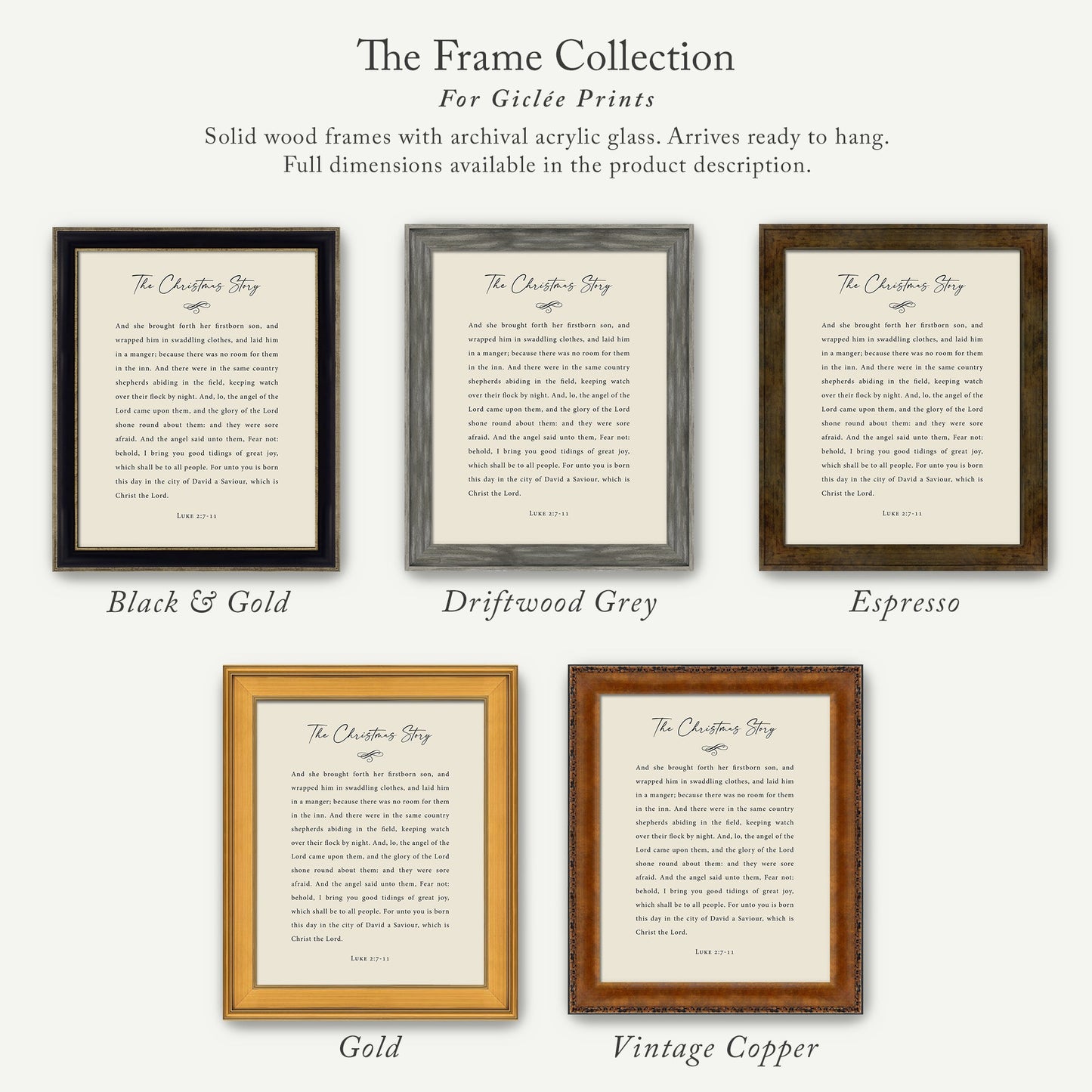 The image is a collection of five framed prints, each with a different color and size, titled "The Christmas Story". The text in the frames is a religious story, and the frames are described as solid wood frames with archival acrylic glass, arriving ready to hang. Full dimensions are available in the product description.