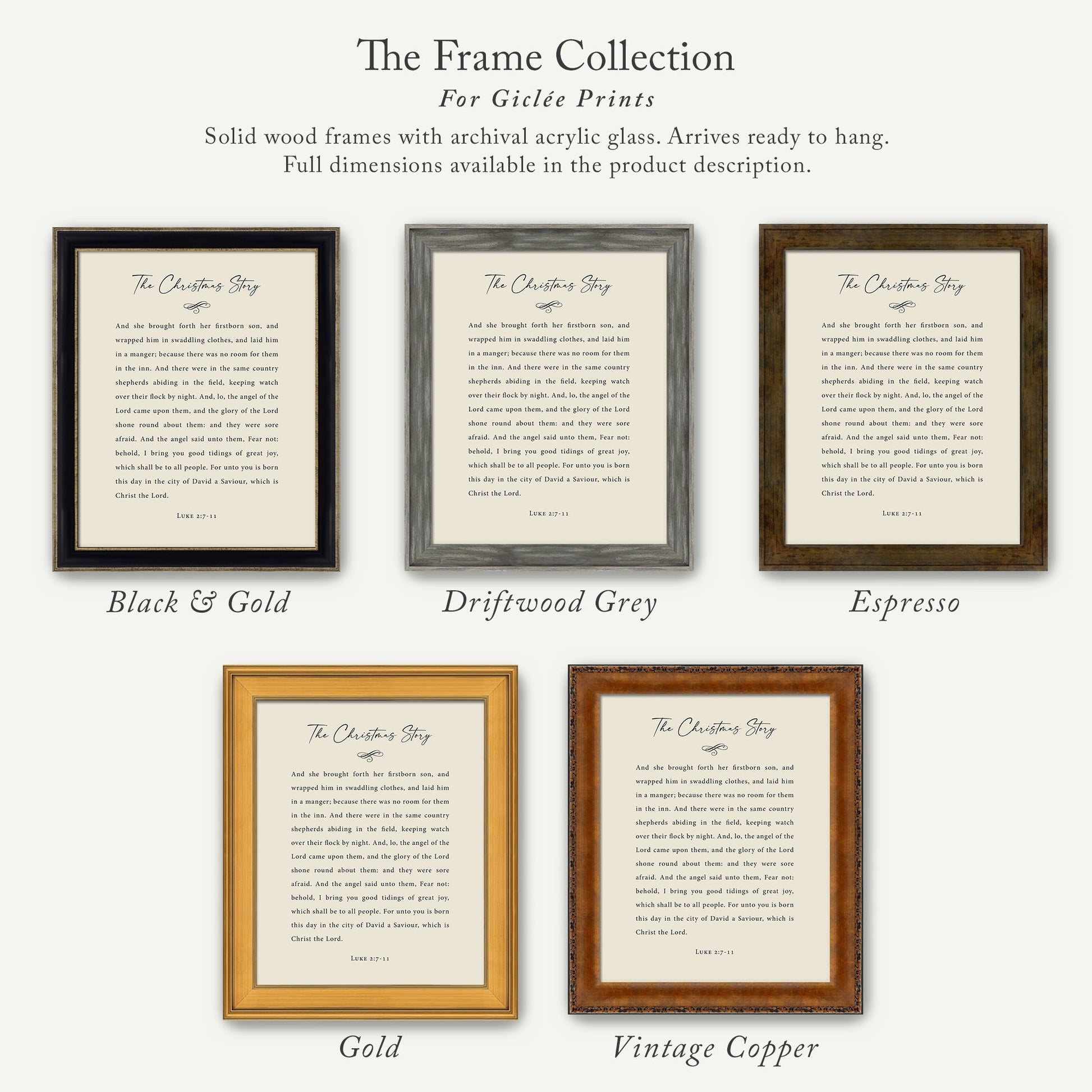 The image is a collection of five framed prints, each with a different color and size, titled "The Christmas Story". The text in the frames is a religious story, and the frames are described as solid wood frames with archival acrylic glass, arriving ready to hang. Full dimensions are available in the product description.