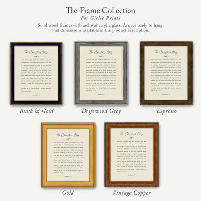 The image is a collection of five framed prints, each with a different color and size, titled "The Christmas Story". The text in the frames is a religious story, and the frames are described as solid wood frames with archival acrylic glass, arriving ready to hang. Full dimensions are available in the product description.