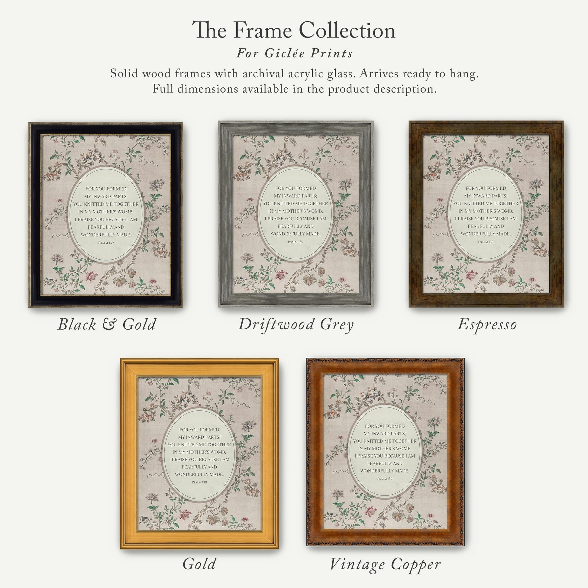 a collection of five framed prints, each with a different color and frame style, arranged in a row. The text above the prints reads "The Frame Collection For Girte Prints".