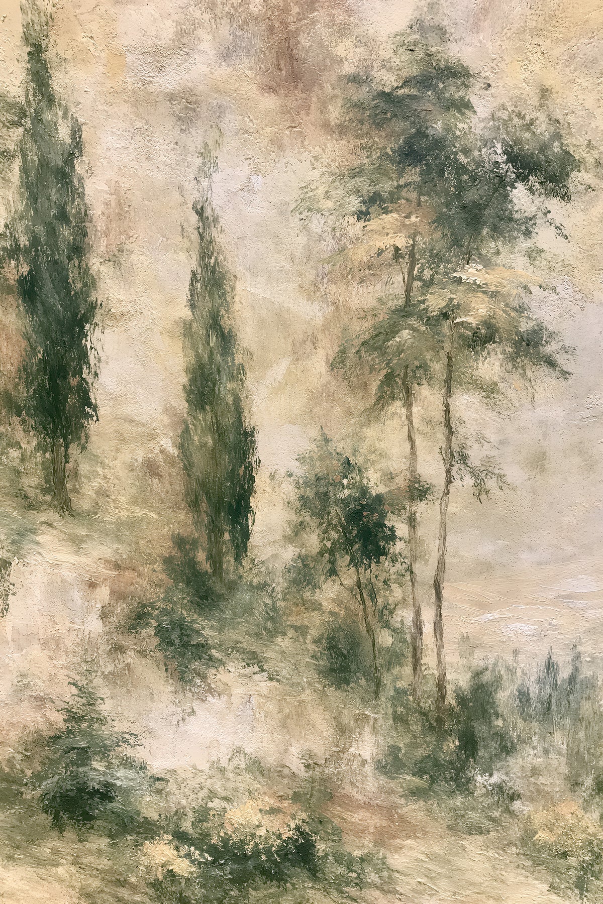 The image is an impressionist painting depicting a serene landscape with tall trees and lush vegetation.