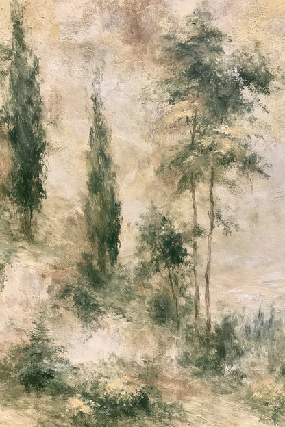 The image is an impressionist painting depicting a serene landscape with tall trees and lush vegetation.
