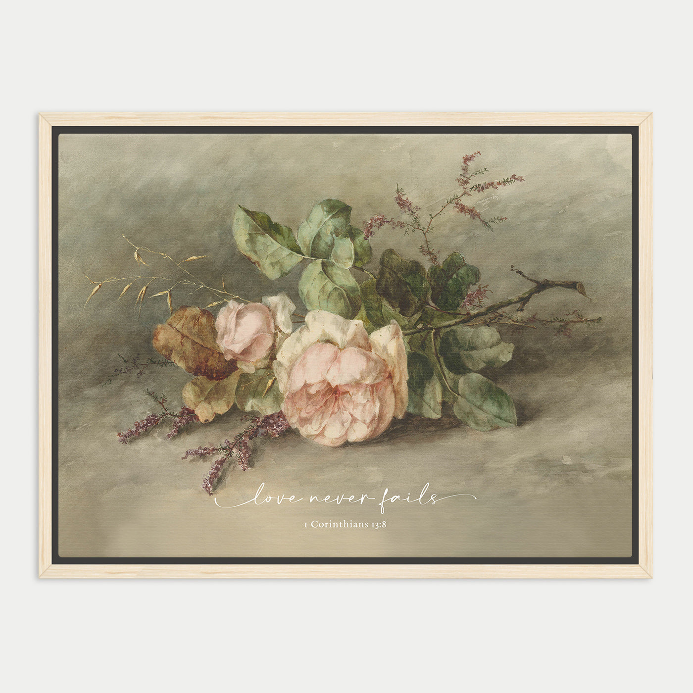 The image is a painting of a bouquet of flowers, including roses and leaves, arranged in a frame.