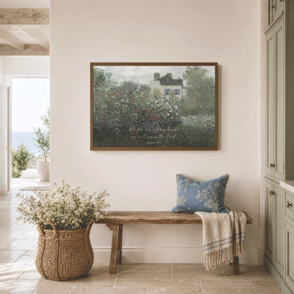a serene and cozy interior with a wooden bench, a woven basket filled with white flowers, and a framed painting of a house with a garden hanging on the wall.