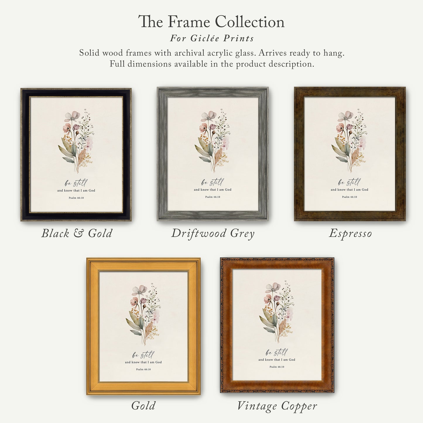 a collection of five framed prints, each with a different color and frame style, arranged in a row. The text above the prints reads "The Frame Collection For Girte Prints".
