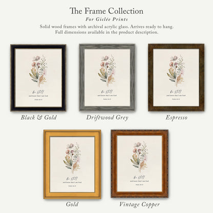 a collection of five framed prints, each with a different color and frame style, arranged in a row. The text above the prints reads "The Frame Collection For Girte Prints".