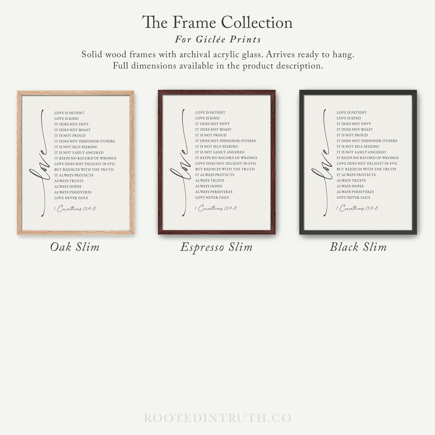 The image is a collection of three framed prints, each with a different color and design, showcasing the variety of the frame collection for giraffe prints.