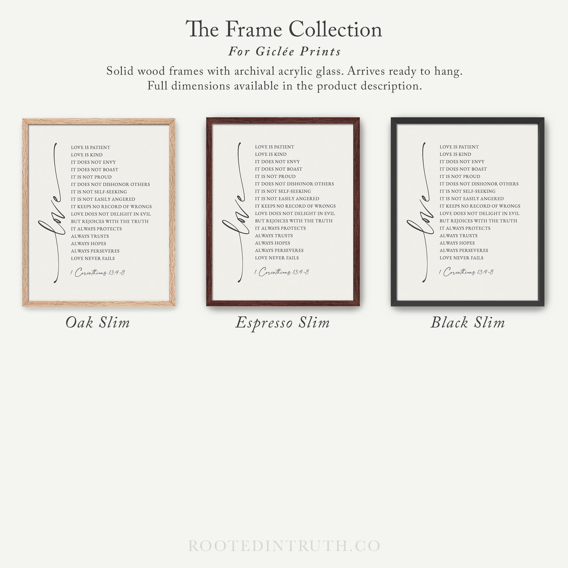 The image is a collection of three framed prints, each with a different color and design, showcasing the variety of the frame collection for giraffe prints.