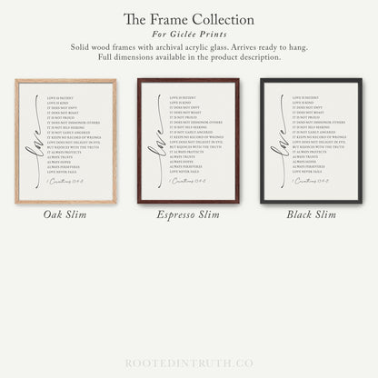 The image is a collection of three framed prints, each with a different color and design, showcasing the variety of the frame collection for giraffe prints.