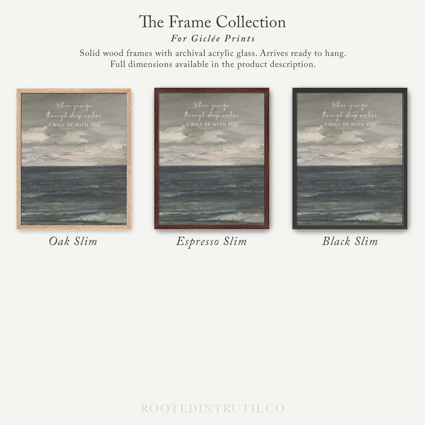 The image is a collection of three framed prints, each with a different color and frame style, showcasing the versatility of the artwork.