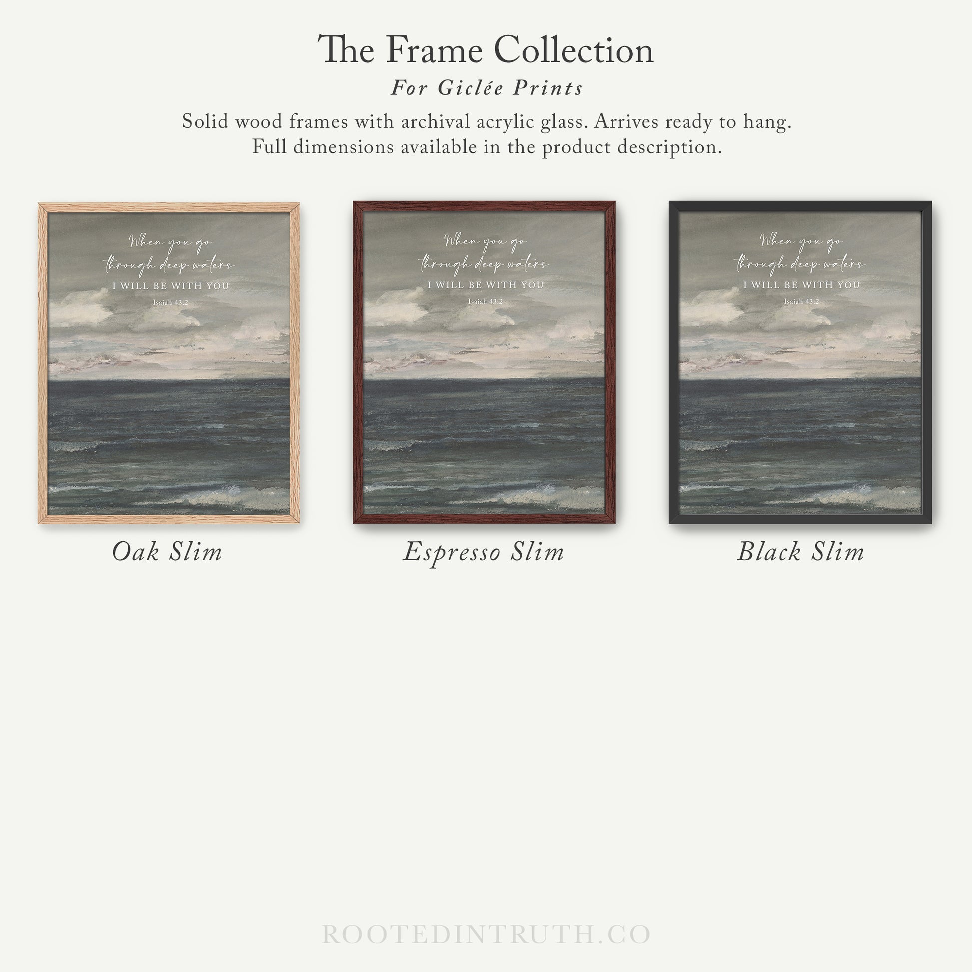The image is a collection of three framed prints, each with a different color and frame style, showcasing the versatility of the artwork.