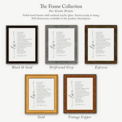 The image is a collection of six framed prints, each with a different color and frame style, showcasing the variety of options available for purchasing a frame for a print.