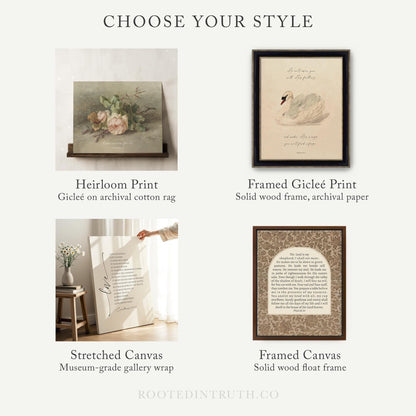 The image is a collage of five different print options, including a paper print, framed paper print, rolled canvas print, stretched canvas print, and framed canvas print. Each print option has a unique design and presentation, showcasing various styles and materials.