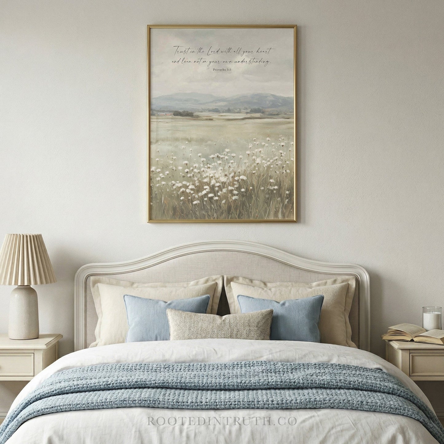 a bedroom with a large bed, a framed landscape painting hanging above it, and a lamp on a side table.