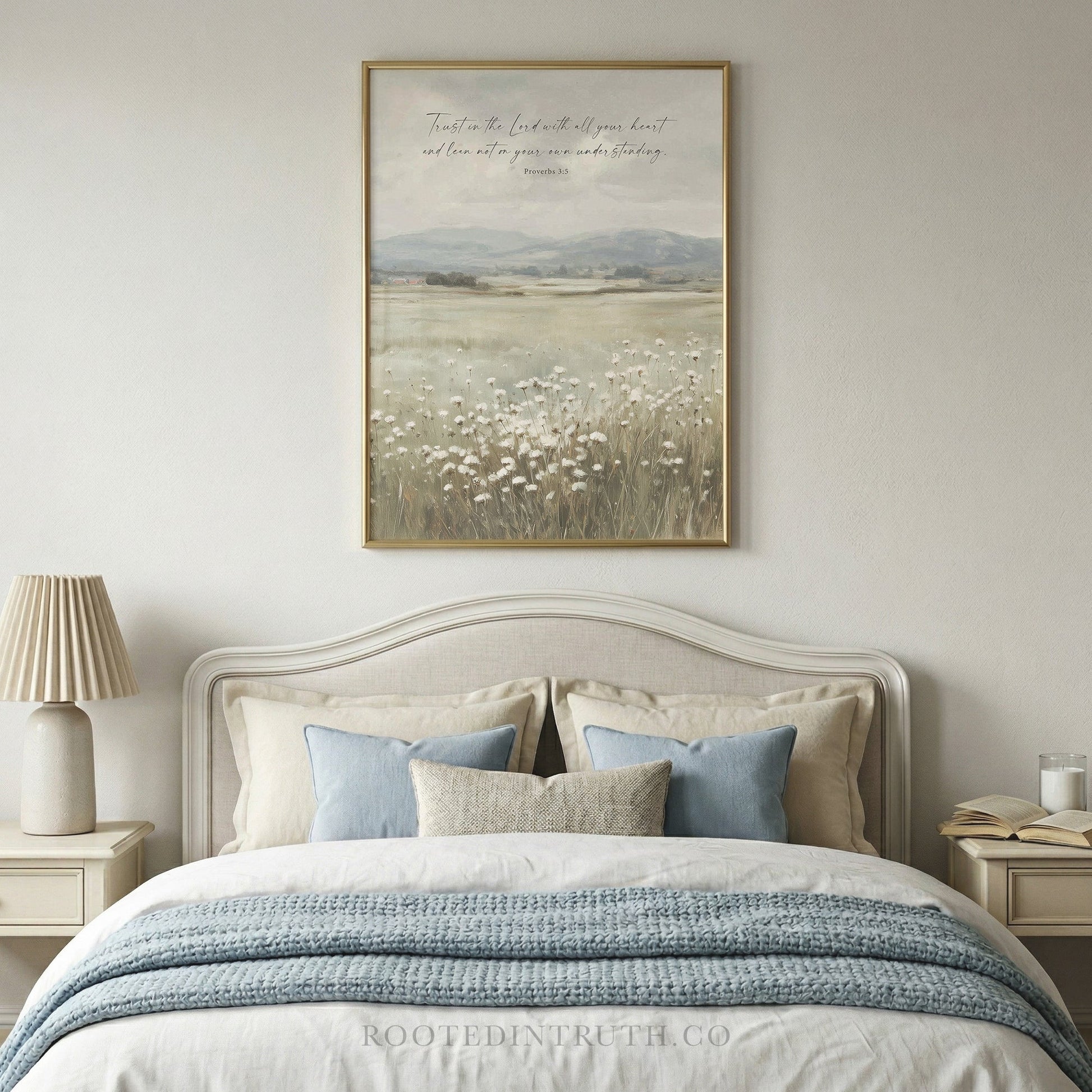 a bedroom with a large bed, a framed landscape painting hanging above it, and a lamp on a side table.