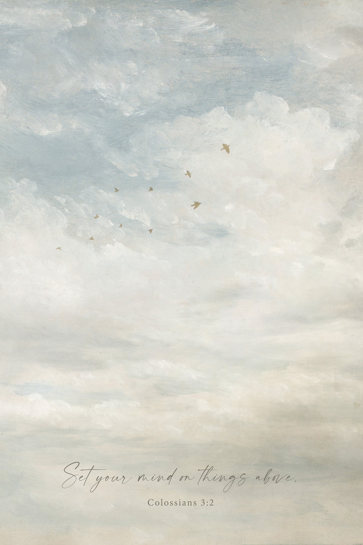 a serene sky with fluffy white clouds and a flock of birds soaring through the sky.