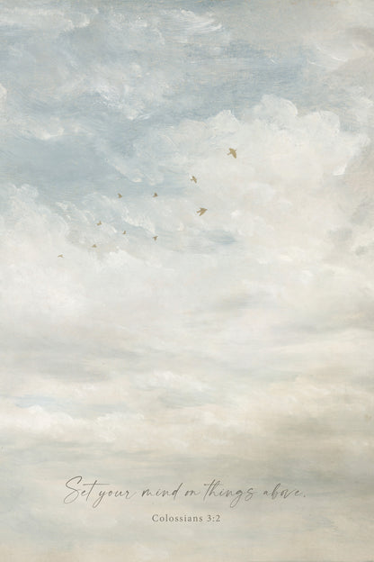 a serene sky with fluffy white clouds and a flock of birds soaring through the sky.