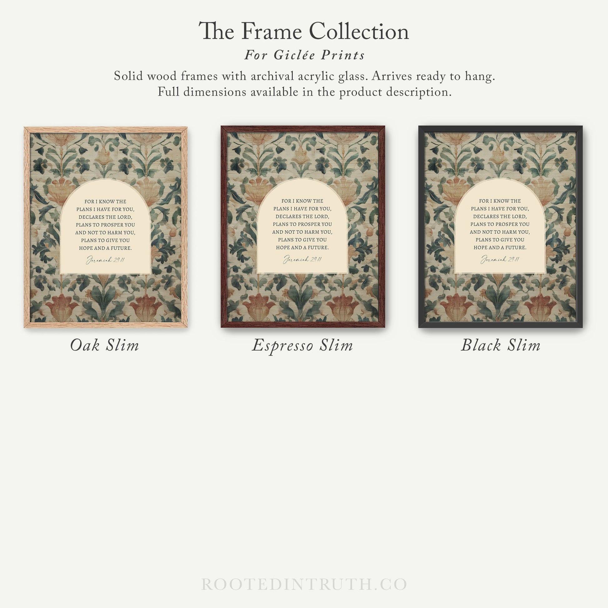 The image is a collection of three framed prints, each with a different color and design, arranged in a row.