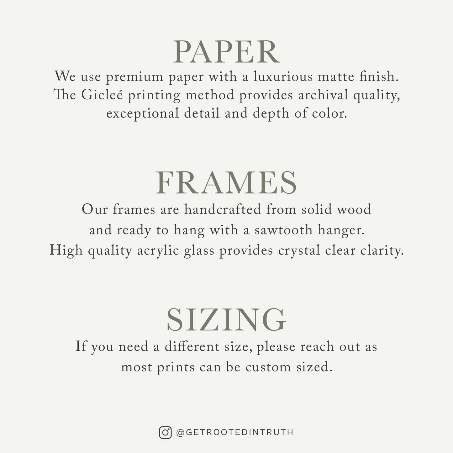 The image is a collection of three different items: premium paper, handcrafted wooden frames, and custom-sized prints.