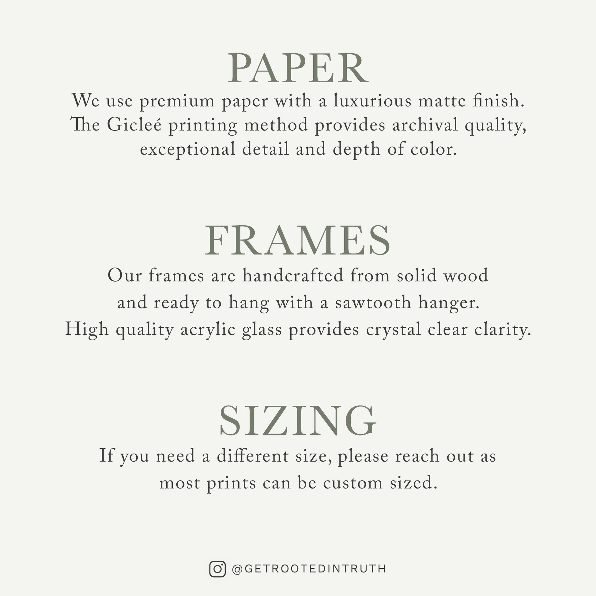 The image is a collection of three different items: premium paper, handcrafted wooden frames, and custom-sized prints.